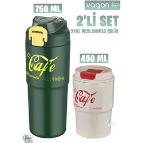Resim Vagonlife 2'li Çelik Termos-kahve Bardağı Seti 750ml Çift Kullanım Termos//450ml Mug Kahve Bardağı Yeşil - Beyaz 
