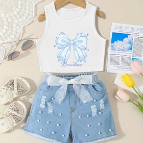Resim Kızlar için Yaylı Grafikli Tek Parça Yelek, Yuvarlak Yaka Rahat Kesim Yazlık Sonbahar İlkbahar Çocuk Kıyafeti - Denim Şortlarla Uygun, Pantolon Olmadan Sadece Yelek 