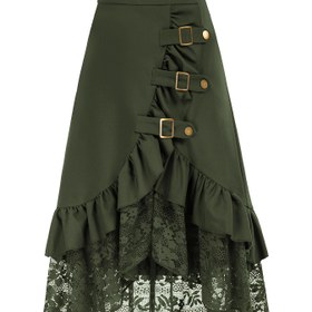 Resim Kadınlar için Gotik Korsan Etek - Dantel Kaplama, Geniş Hem, Kemer Gibi Düğmeler - Resmi ve Rahat Kıyafetler - Tüm Mevsimler İçin Şık Vintage Kostüm Parti Etek - Kadın Moda Giyim, Çok Yönlü Gardırop Temeli, Retro Estetik, Dayanıklı Yapı 
