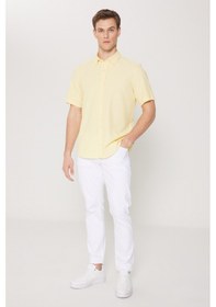 Resim AC&Co / Altınyıldız Classics Erkek Sarı Slim Fit Dar Kesim Gizli Düğme Yaka Kısa Kollu Gömlek Sarı 