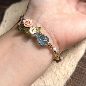 Resim El Yapımı Aurora Mavi Çiçekli Bileklik - Mavi Taşlı, Toprak Kahverengi Kordonlu, Pastel Çiçek Detayları - Doğal Mayıs Doğum Taşı Hediyesi Kadınlar İçin, Günlük ve Parti Takısı - Yıl Boyu Nötr Renk Paleti, Etnik Tarz Aksesuar, El Sanatları 