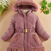 Resim -100% Polyester Belted Kışlık Ceket, Çıkarılabilir Suni Kürk Yaka, Geometrik Desen, Esnek Olmayan Kumaş ve Polyester Elyaf Dolgu, Kalın, Rahat Kapüşonlu Kar Tulumu 