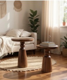 Resim ASELYA HOME Doğal Ahşap 2’li Set Mantar Yan Sehpa Modern Fiskos Zigon Çiçeklik 