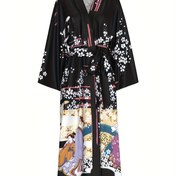 Resim Şık Çiçek ve Geometrik Desenli Kadın Kimono Tarzı Sabahlık - Yumuşak Açık Gri V-Yaka Uzun Kollu, Kuaför Beli ile Makinede Yıkanabilir Her Mevsim Giyim (İlkbahar Yaz Sonbahar) 