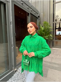 Resim Marlinda İnci detaylı brode kumaş astarlı tesettür fisto gömlek 