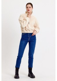Resim JAHR MARC Ekru Crop Fit Kadın Peluş Sweatshirt 