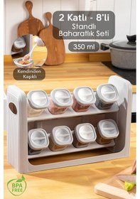 Resim 8'li Standlı, Kilitlenebilir Kapaklı Hava Almaz Baharatlık Seti - Bej 
