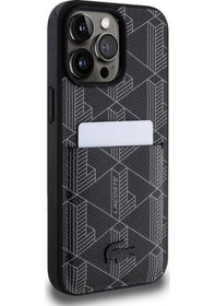 Resim Apple Uyumlu iPhone 15 Pro Max Kılıf Lacoste Lisanslı Magsafe Özellik Pu Deri Görünüm Kartlıklı Lacivert 