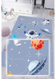 Resim Dijital Baskılı Dekoratif Kaymaz Taban Yıkanabilir Uzay Temalı Modern Çocuk Halısı Gri 