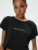 Resim Slogan Baskılı Bisiklet Yaka Crop Tişört 