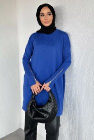 Resim Gülseli Kol Fermuar Detaylı Tesettür Triko Tunik Saksmavisi TZL-P-00020679 