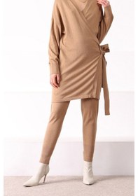Resim Ferraro Camel Paçası Lastikli Kaşmirli Kadın Triko Pantolon Camel 