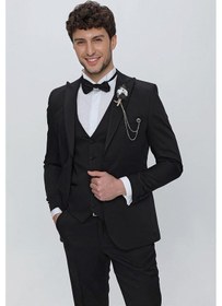 Resim İmza Siyah Armürlü Kırlangıç Yaka Tam Astar Yelekli 6 Drop Slim Fit Dar Kesim Smokin Damatlık 1001225178-Siyah 