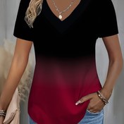 Resim Kadınların şık gradient şarap kırmızısı siyah V yaka tişörtü, moda kısa kollu, 3D baskı, tüm mevsimler için rahat üst, bayan tişörtleri 