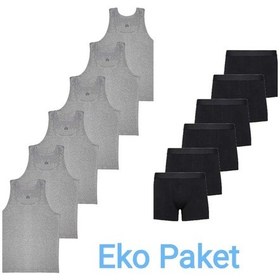 Resim Tezzgelsin Erkek Çocuk İkili Set Pamuklu Penye 6 Atlet 6 Boxer Gri Siyah Gri - Siyah 