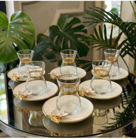 Resim Papatya Detaylı - Lüks Porselen Tabaklı Hediyelik Çay Seti Altın 