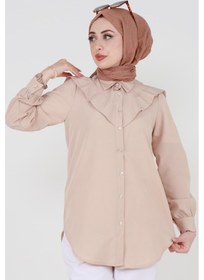 Resim Sevitli Yakası Kat Detaylı Poplin Tunik-bej-3519-bej Bej 