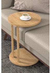 Resim C Sehpa Yuvarlak 36 Cm Çap Tekerlekli Şık Tasarım Koltuk Yan Sehpa Zigon Servis Sehpası Traverten - Safir Meşe Safir Meşe 