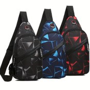 Resim Büyük Kapasiteli Çift Fermuarlı Crossbody Çanta - Şık Siyah ve Mavi Geometrik Tasarım, Hafif Oksford Kumaş, Açık Hava Sporları, Günlük Kullanım ve Rahat Giyim için Mükemmel, Rahat Crossbody Çanta | Geometrik Desenli Çanta | Oksford Kumaş Çanta 