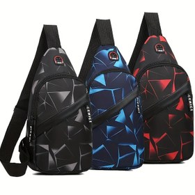 Resim Büyük Kapasiteli Çift Fermuarlı Crossbody Çanta - Şık Siyah ve Mavi Geometrik Tasarım, Hafif Oksford Kumaş, Açık Hava Sporları, Günlük Kullanım ve Rahat Giyim için Mükemmel, Rahat Crossbody Çanta | Geometrik Desenli Çanta | Oksford Kumaş Çanta 