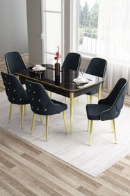 Resim Canisa Tia Serisi 80x132 Açılabilir Mdf Siyah Mermer Desen Gold Detay Masa Takımı Ve 6 Antrasit Sandalye 