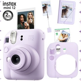 Resim Fujifilm Instax Mini 12 Beyaz Fotoğraf Makinesi- 10'lu Film - Kıskaçlı Stand - Mini Albüm ve Silikon Kılıf Seti 