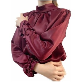 Resim Mois Atelier Bordo Saten Büzgülü Bluz Gömlek Tasarım Büyük Beden Tesettür Bordo 