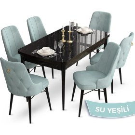 Resim Canisa Concept Taç Serisi 80 x 132 cm Açılabilir Siyah Mermer Desen Masa Takımı 6 Sandalye Gold Halkalı 