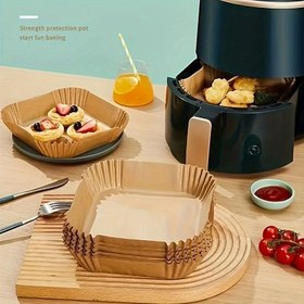 Resim 50 adet yapışmaz kare hava fritözü liner - Pişirme, kızartma ve mikrodalga pişirme için mükemmel - Kolay temizlik ve sağlıklı yemekler, gıda güvenliği için uygun kağıt malzeme, ev ve restoran kullanımı için ideal 