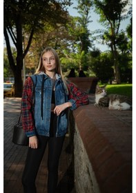 Resim Kadın Fermuar Detaylı Kapüşonlu Jean Ceket mavi 