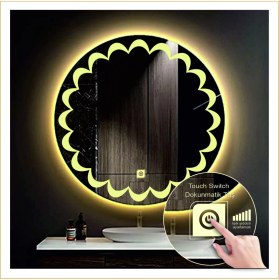 Resim Dnr-Mirror90 Cm Günışığı Ledli Tasarım Kumlamalı Dokunmatik Tuşlu Banyo Aynası Makyaj Aynası Işıklı Ayna 
