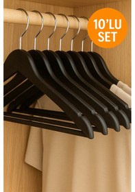 Resim 10 Lu Kırılmaz Siyah Ahşap Görünümlü Askı Seti Tişört, Gömlek, Pantolon Askısı Dayanıklı Ve Şık Siyah 