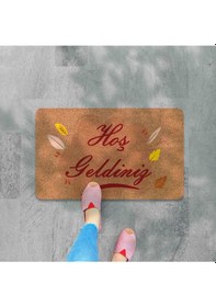 Resim Modern Dijital Baskı - Hoş Geldiniz Yazalı Paspas - Kaymaz Taban Kapı Önü Paspası Kahverengi 