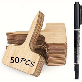 Resim 50 Adet Su Geçirmez Bambu Bahçe Etiketleri ve Marker Kalem - Dış ve İç Mekan Bitkileri, Fide, Sebzeler için Dayanıklı T-Tipi Etiketler 