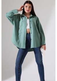 Resim Yeni Sezon Poplin Kumaş Çift Cepli Oversize Pamuklu Kadın Tunik Gömlek Yeşil 