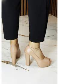 Resim Erkan Saçmacı Carolina Ten Vegan Önü Açık Yuvarlak Burun Kalın Platform Topuklu Abiye Ayakkabı Ten 