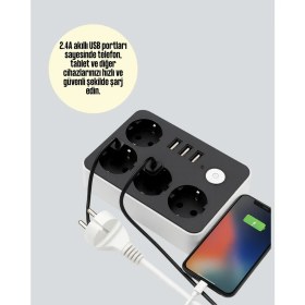 Resim Najmaddin 3 USB Çıkışlı 4 Lü Akıllı Priz 2500W 2 Metre Kablo 