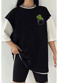 Resim Çift Renk Dino Baskılı Unisex Tshirt Beyaz 