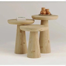Resim Wood Wooden 3 Lü Set Fitilli Mantar Yan Sehpa Modern Ahşap Renk Vernikli Fiskos Kahverengi 