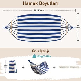 Resim Valkyrie 2 Kişilik Renkli Kanvas Hamak 260x150 CM Taşıma Çantalı Ahşap Çubuklu Bahçe Kamp Hamağı Lacivert 