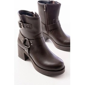 Resim 5109-3042 Kahverengi Toka Aksesuarlı Fermuarlı Kalın Topuklu Günlük Kadın Bot Çok Renkli 