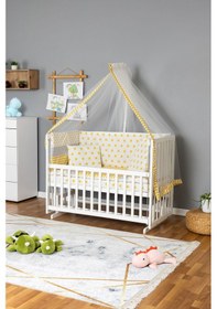 Resim Ahşap Beşik Anne Yanı Beşik Beyaz 60x120 - Sarı Yıldız 1 Yastıklı Uyku Seti + Yataklı Beyaz 
