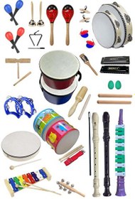 Resim Midex Örf Aletleri Seti Overmuch Paket-2 Marakas Zil Üçgen Ksilofon Melodika Mızıka Davul Flüt (30 Parça) 