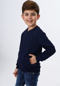 Resim Toontoy Lacivert Erkek Çocuk Kolej Yaka Fermuarlı Cepli Nakış Baskılı Örme Hırka - 2 İplik 
