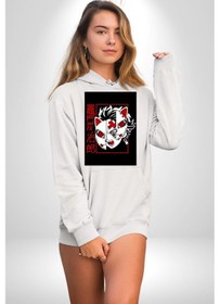 Resim Anime İblis Avcısı Kimetsu No Yaiba Maske Kadın Erkek Beyaz Kapüşonlu Sweatshirt Hoodie Beyaz 
