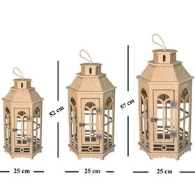 Resim S.tkoleksiyonhobiantikaahşap Boyanabilir Mdf Altıgen Ayaklı Dekoratif Fener, Şamdan , Mumluk 3 Lü Set 