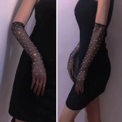 Resim Kadınlar için 1 Çift Şık Taşlı Balık Ağı Uzun Eldivenler - Esnek Delikli Tasarım, Parıldayan Vurgular, Düğünler, Gece Kulüpleri ve Resmi Etkinlikler İçin Mükemmel 