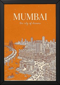Resim Mumbai Line Art Print - Saffron Gateway of India Marine Drive Skyline Wall Art - Wooden Frame - White / 16 x 20" (40x50 cm) 