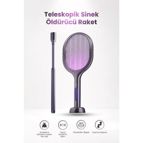 Resim Seyutech Teleskopik Sinek Öldürücü Raket Şarjlı Mor Işıklı Dönebilen Başlıklı Uzatma Aparatlı Sinek Yakalama Lambası 