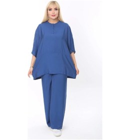Resim Mia Butik Büyük Beden Mavi Yuvarlak Yaka Salaş Takım Mavi 